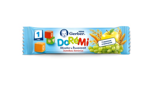 Пюре Гербер ДоРеМи Батончик Злаки, яблоко, виноград 25г/18