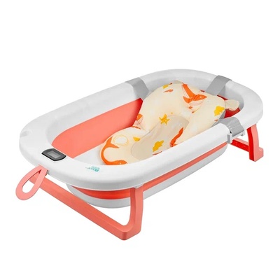 Ванночка складная с термометром и матрасиком "Киты", розовая