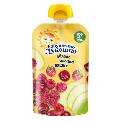Пюре Бабушкино лукошко яблоко, малина, вишня 90 гр. с 6 мес м/у 1х12 