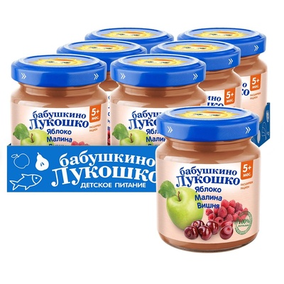 Пюре Бабушкино лукошко яблоко, малина, вишня 100 гр.