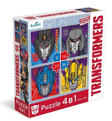Пазл 4 в 1. 9-16-25-36 Элементов. Трансформеры. Портреты главных героев + наклейки. в/к 18*5*18 см.