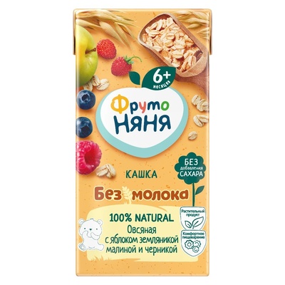 Пюре Фруто Няня каша без мол., овсянка яблоко, земляника, мал., черн. 0,2л./18