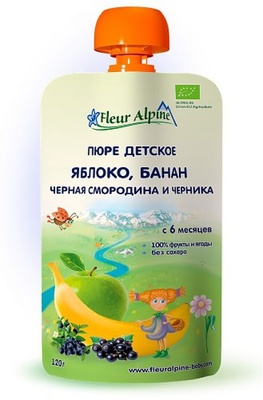 Пюре Флер Альпин Органик Яблоко-Банан-Ч/смородина-Черника с 6 мес.120 гр. /6 (пауч)
