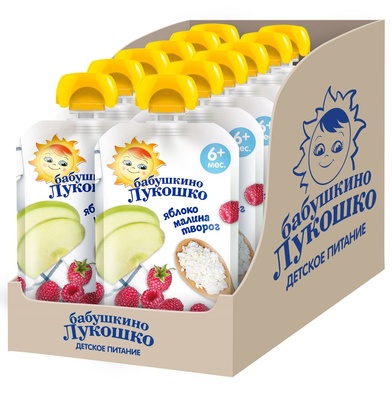 Пюре Бабушкино лукошко творог, яблоко, малина 90 гр.  с 6 мес м/у 1/12 (БЗМЖ) 