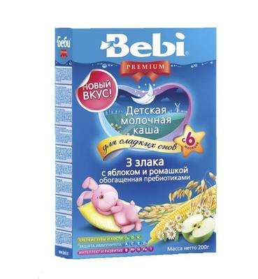 (БЗМЖ)  Каша Беби Premium 3 злака, яблоко, ромашка с пребиот. 200 гр.