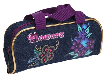 85362 Пенал -косметичкана молнии  с ручками "FLOWERS" 23,5*10*6,5cм., джинса, хлопок