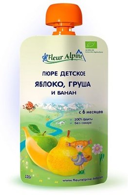 Пюре Флер Альпин Органик Яблоко-Груша-Банан с 6 мес.120 гр. /6 (пауч)